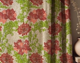 William Morris Style Floral Linen Curtain, Botanical Drapes, Cottagecore Window Panel