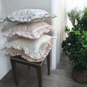 Farmhouse Ruffle Pillow Cover: Cotton Linen Striped Rustic Cushion