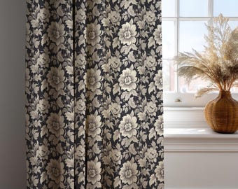 Cotton Linen Black Floral Curtain – Elegant Botanical Drapery Panel for Living Room or Bedroom