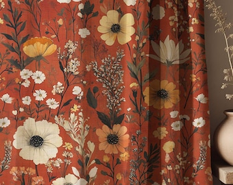 Rideau floral en lin terre cuite - Panneau botanique d'automne chaud avec fleurs d'automne rustiques