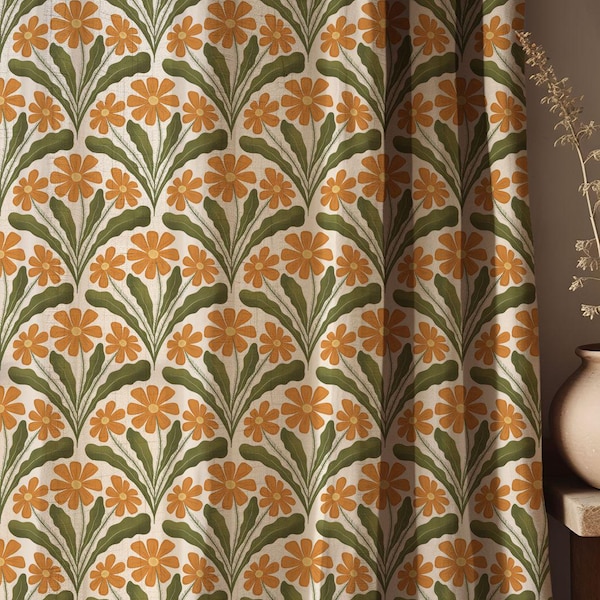 Retro orange prästkragegardin, blommiga bomullslinnegardiner i mitten av århundradet, anpassad storlek