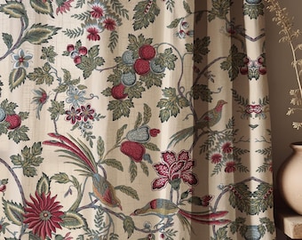 Linen Bird Floral Curtain Panel, Botanical Drapes, Cottagecore Farmhouse Boho Window Covering