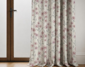 Pink Floral Linen Curtain, Botanical Cottage Window Panel, Farmhouse Drapes