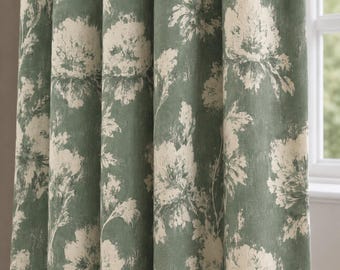 Sage Green Floral Linen Curtain, Vintage Botanical Window Panel, Cottagecore Drapes, Farmhouse Curtain, Rustic Home Decor
