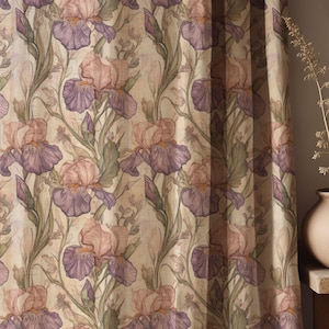 May include: Floral curtain panel featuring a repeating pattern of iris flowers in shades of purple and peach, with green leaves and stems against a beige background. The design has a watercolor effect, creating a soft, artistic look.