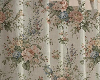 Vintage Floral Bird Linen Curtain, Pastel Botanical Cottagecore Drapery, Shabby Chic Home Decor