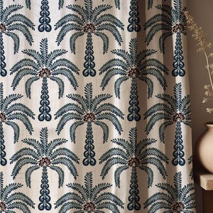 Tropical Palm Tree Linen Curtain: Coastal Boho Window Panel