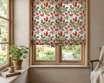 Rosehip Linen Roman Shade, Botanical Floral Window Treatment, Cottage Style Blind