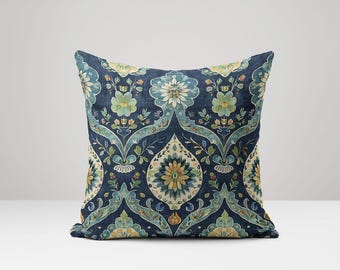 Navy Blue Floral Linen Pillow Cover: Vintage Botanical Cushion