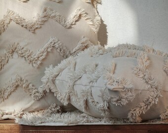 Boho Fringe Linen Pillow Cover: Beige Throw Cushion