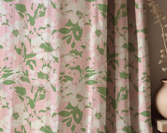 Pink Floral Linen Cotton Curtain, Cottagecore Botanical Drapes, Farmhouse Window Panel