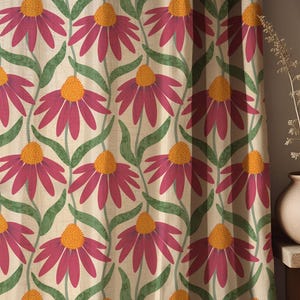 May include: Curtain panel with a floral pattern. The design features repeating pink coneflowers with yellow centres and green leaves on a cream background. The fabric has a textured appearance, suitable for home decor.