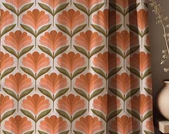 Retro Floral Linen Curtains: Mid-Century Modern Botanical Print