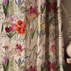 Romantic Botanical Linen Curtain – Colorful Wildflower and Butterfly Print on Natural Fabric – Vintage Cottagecore Drapes for Living Room