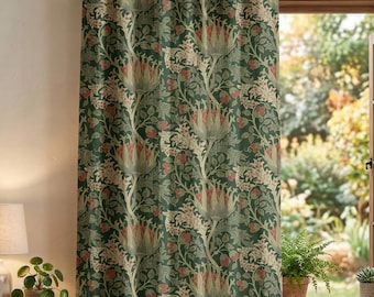 William Morris Floral Linen Curtain Panel, Botanical Arts and Crafts Drapes