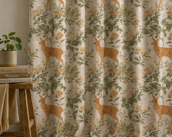 Woodland Deer Linen Curtain, Rustic Botanical Window Panel, Forest Animal Drapery