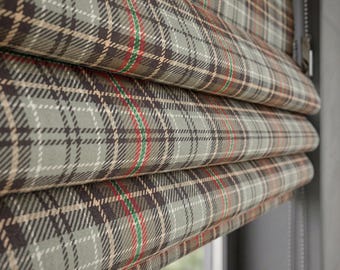 Plaid Roman Shade, Linen Look Custom Curtain, Rustic Farmhouse Window Treatment