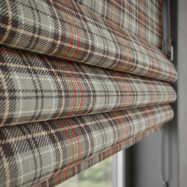 Plaid Roman Shade, Linen Look Custom Curtain, Rustic Farmhouse Window Treatment