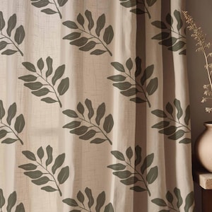 Botanical Linen Curtains - Nature-Inspired Green Leaf Pattern - Rustic Farmhouse Drapes for Living Room, Bedroom, or Kitchen