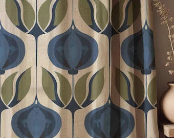 Floral Linen Curtains: Mid-Century Modern Blue & Olive Botanical Drapes