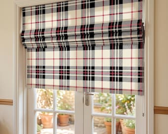 Red Black Plaid Roman Shade, Tartan Linen Look Window Blind, Farmhouse Curtain
