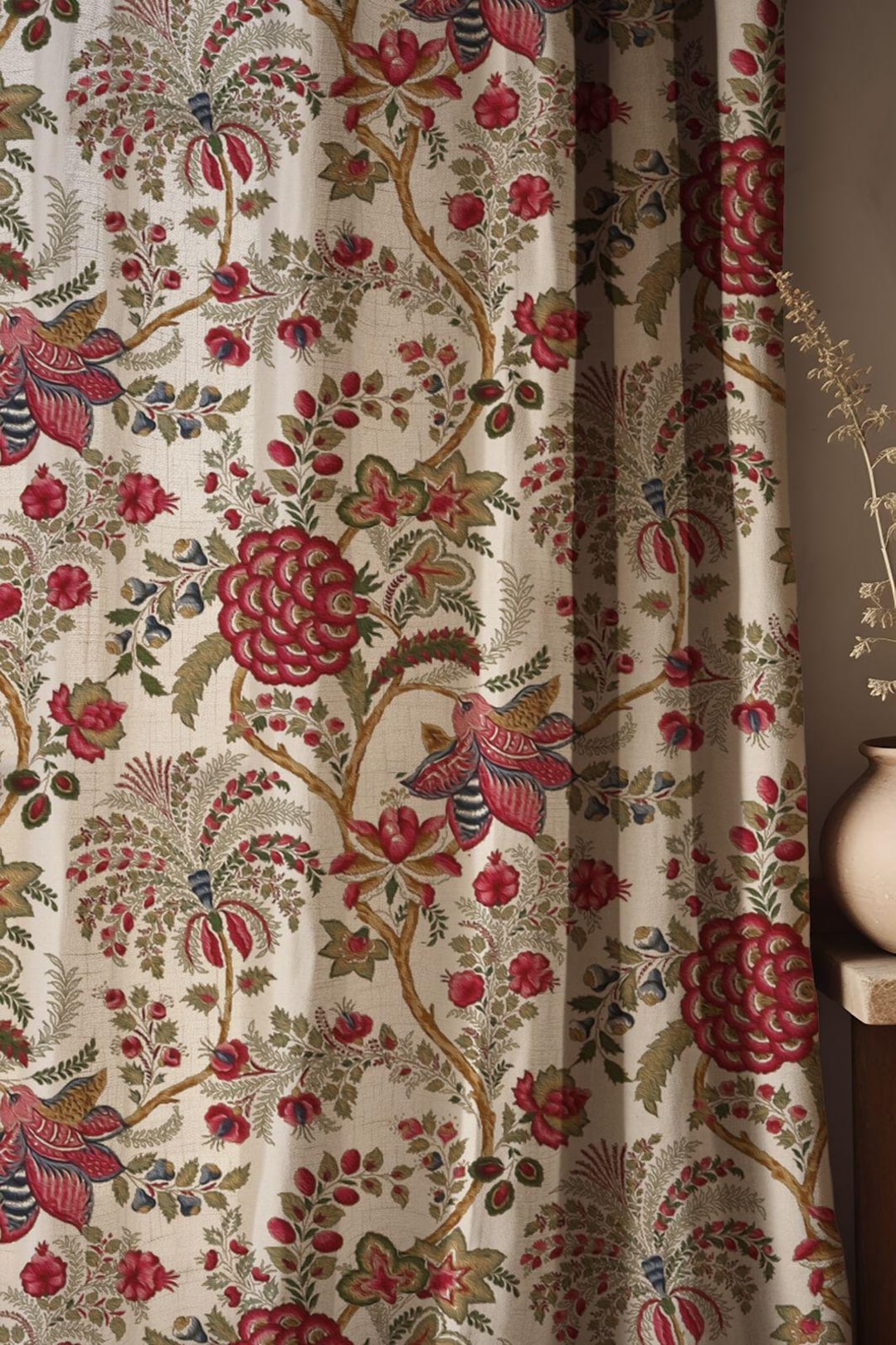 French Country Linen Curtains Vintage Floral Botanical Drapes, Red