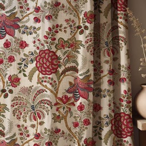 French Country Linen Curtains - Vintage Floral Botanical Drapes, Red & Green Chinoiserie Print, Elegant Farmhouse Window Treatment