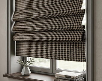 Houndstooth Linen Roman Shade, Black Beige Woven Blind, Textured Fabric Window Covering