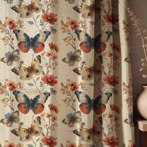 Enchanted Butterfly Linen Curtains - Vintage Floral & Butterfly Print in Warm Earthy Tones - Romantic Cottagecore Drapes