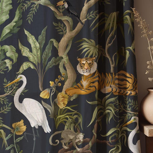 Jungle Animal Linen Curtain: Tiger, Monkey & Tropical Birds