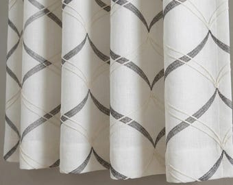 Panel de cortina de lino bordado, cortinas geométricas beige con ojales, tratamiento de ventana de estilo rústico contemporáneo.