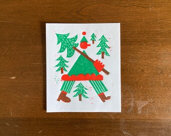 Tree Trimmer Linocut Holiday Card