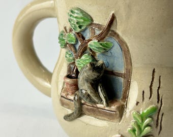 手作り陶器猫マグカップ - お好きなデザインをお選びください (450 ml)