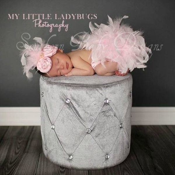 Pink Feather Couture Satin Bloomers & Headband Set Newborn Infant Girl  Spring Easter  photo session prop Diaper Cover