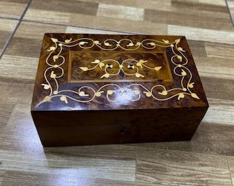 Handcrafted Moroccan Thuya Wood Jewelry Box: Burl Wood Grain, Floral Inlay
