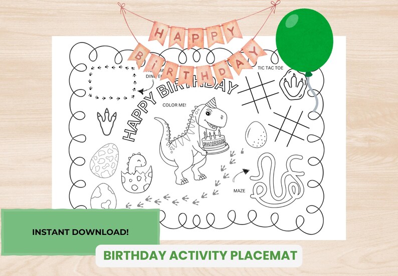 Dinosaur Birthday Activity and Coloring Placemat Printable, Kids ...