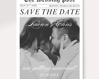 Wedding Newspaper Save the Date Canva Template (Digital Download)