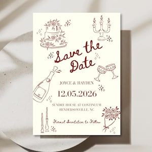 May include: Cream-coloured wedding invitation with burgundy illustrations. The text "Save the Date" is featured prominently, along with the names Joyce & Hayden and the date 12.05.2026. Additional text includes the venue and a note about a formal invitation.
