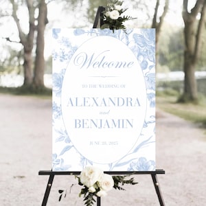 DIY Dusty Blue Floral Wedding Welcome Sign, Blue Toile Wedding Welcome Sign, Blue Floral Wedding Welcome Sign Template, Elegant Wedding Sign