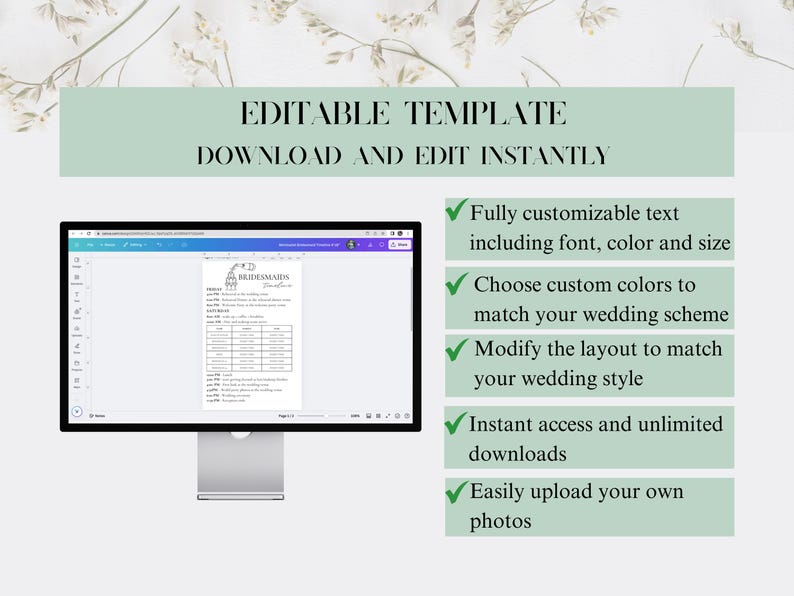 May include: Editable template for a bridesmaid gift list. The template is shown on a computer screen and includes a checklist of tasks for bridesmaids. The text on the screen reads "BRIDESMAIDS".