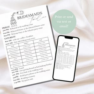 May include: A printable bridesmaid timeline checklist with a black and white illustration of a champagne bottle pouring into a glass. The checklist includes a schedule for Friday and Saturday, with times for rehearsal, dinner, hair and makeup, and the wedding ceremony and reception.