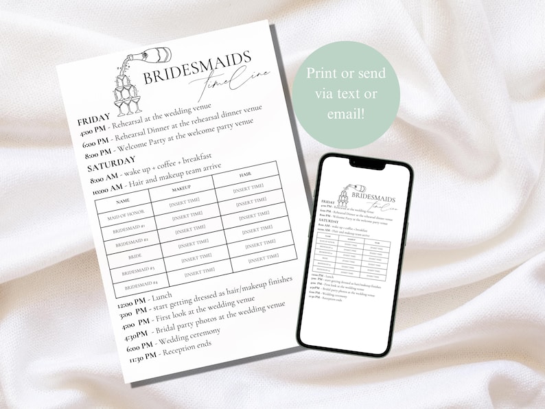 May include: A printable bridesmaid timeline checklist with a black and white illustration of a champagne bottle pouring into a glass. The checklist includes a schedule for Friday and Saturday, with times for rehearsal, dinner, hair and makeup, and the wedding ceremony and reception.