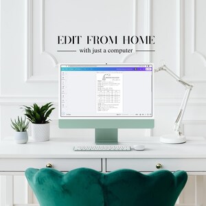 May include: A white desk with a green velvet chair, a computer monitor displaying a document, a lamp, and two potted plants. The text "EDIT FROM HOME with just a computer" is displayed above the monitor.