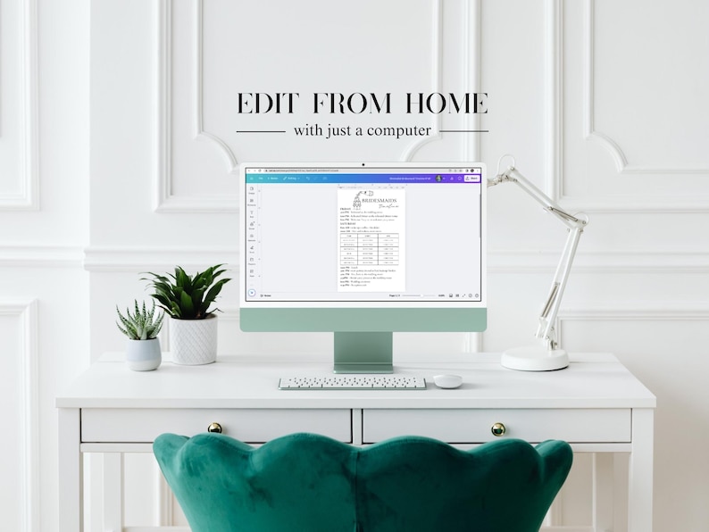 May include: A white desk with a green velvet chair, a computer monitor displaying a document, a lamp, and two potted plants. The text "EDIT FROM HOME with just a computer" is displayed above the monitor.