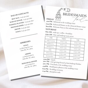 May include: A black and white printable wedding timeline for bridesmaids. The timeline includes a list of events for Friday and Saturday, including rehearsal, dinner, and the wedding ceremony. The text "Bridesmaids Timeline" is at the top of the page.