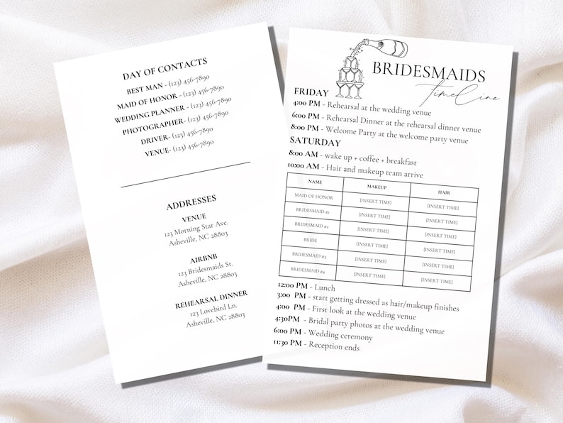 May include: A black and white printable wedding timeline for bridesmaids. The timeline includes a list of events for Friday and Saturday, including rehearsal, dinner, and the wedding ceremony. The text "Bridesmaids Timeline" is at the top of the page.