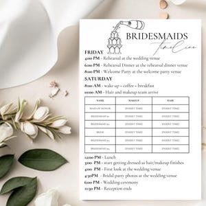 May include: A printable bridesmaid timeline schedule with a black and white illustration of champagne glasses. The schedule includes a list of events for Friday and Saturday, including rehearsal dinner, welcome party, hair and makeup, lunch, first look, bridal party photos, wedding ceremony, and reception.