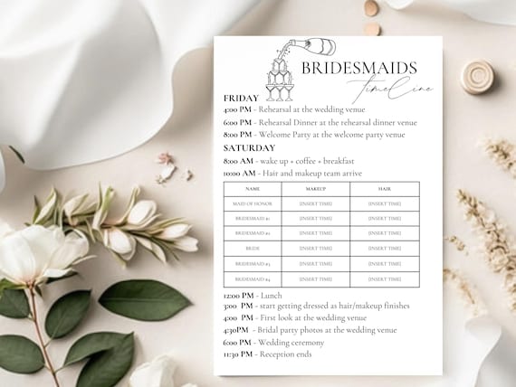 Bridesmaid Info Card Template, Bridal Party Info Card, Wedding Itinerary, Wedding Day Schedule, Modern Minimalist Bridesmaid Infographic