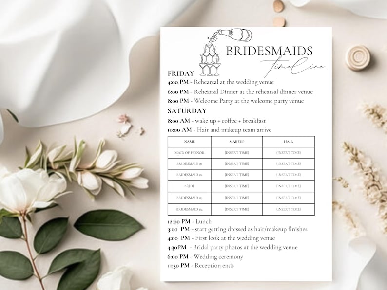 May include: A printable bridesmaid timeline schedule with a black and white illustration of champagne glasses. The schedule includes a list of events for Friday and Saturday, including rehearsal dinner, welcome party, hair and makeup, lunch, first look, bridal party photos, wedding ceremony, and reception.