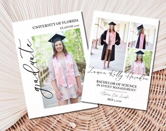 May include: Graduation announcement card with a photo of a woman in a cap and gown. The card includes the text "University of Florida, Class of 2025, Lamen Kelly Herndon, Bachelor of Science in Event Management,  Trane Cra Larle, May 1, 2025".
